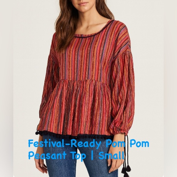 Amaryllis Metallic Stripe Pom Pom Boho Peasant Blouse Size Small - Picture 1 of 9